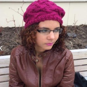 Hand knitted Rasberry Beret inspired hat.